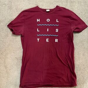 Hollister Y2K Men's Embroidered T-Shirt Red, White, and Blue Wave Size Large